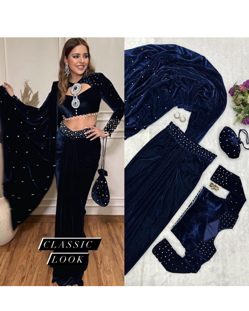 Midnight Blue Velvet Pearl-Studded Drape Saree Set