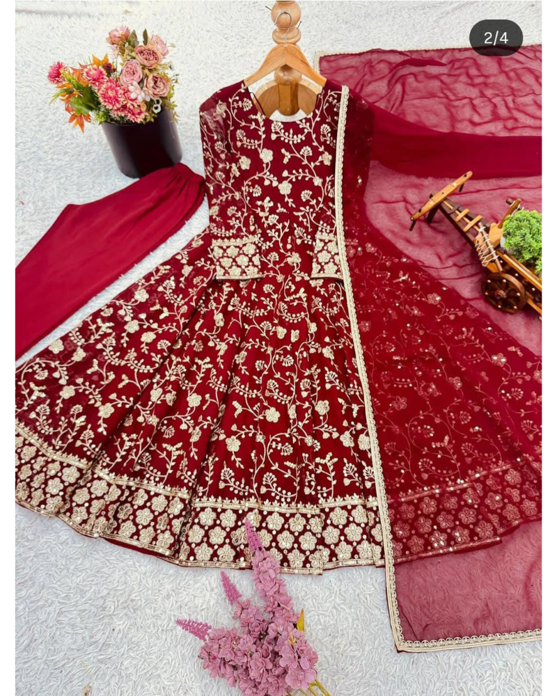 Deep Wine Georgette Anarkali with Full Body Embroidery