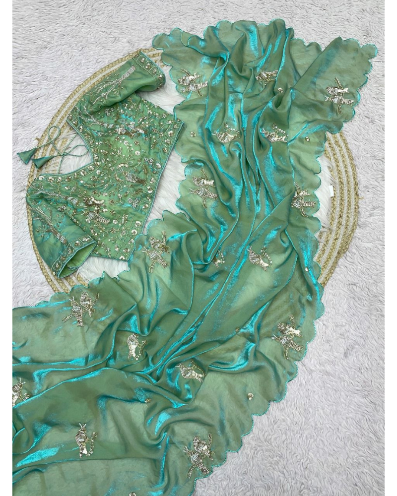 Fendy chiffon saree with ready blouse with heavy beads work price