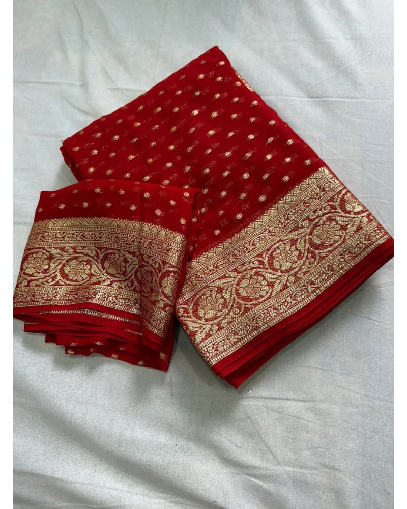 Bridal Red Chiffon Saree with Golden Zari & Booti Work