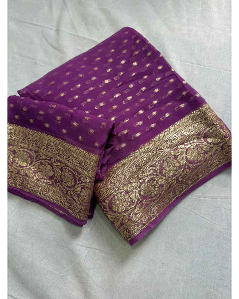 Magenta Purple Party-Wear Saree with Heavy Zari Border