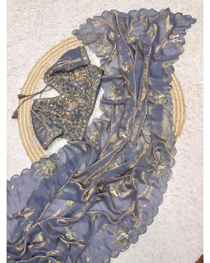 Lavender-Grey Shimmer Organza Saree with Scalloped Embroidery & Heavy Blouse