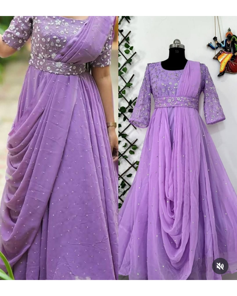 Lavender Draped Fusion Gown with Sequined Belt