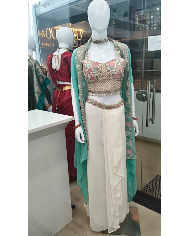 Pristine White & Sea-Green Indo-Western Shrug Set