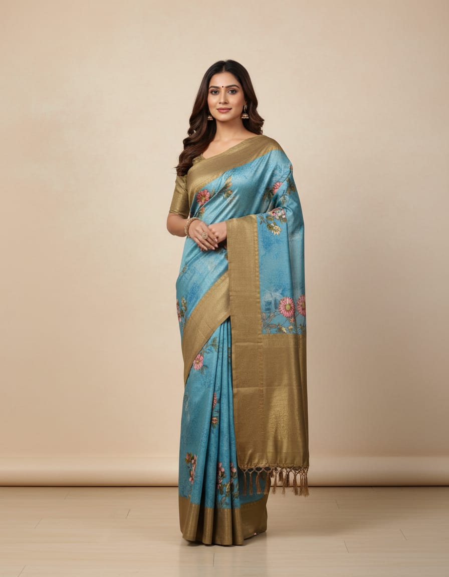 Banarsi floral printed saree with zari all over